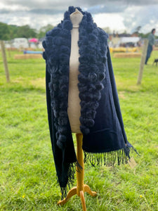 Navy Wool Wrap with fur pom poms